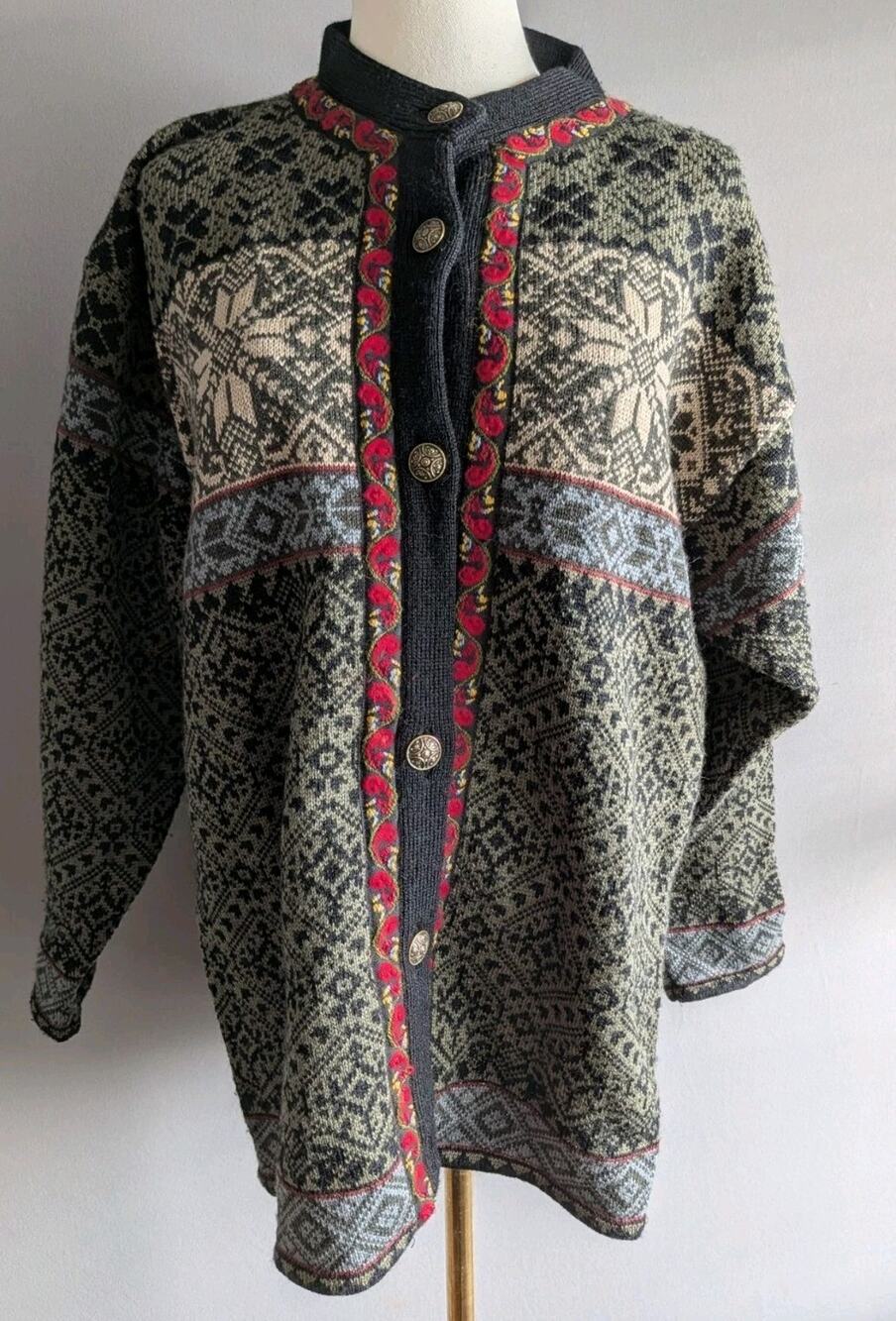 Vintage Norskwear Iceland Wool Nordic Fair Isle Cardigan Sweater Button L Ski